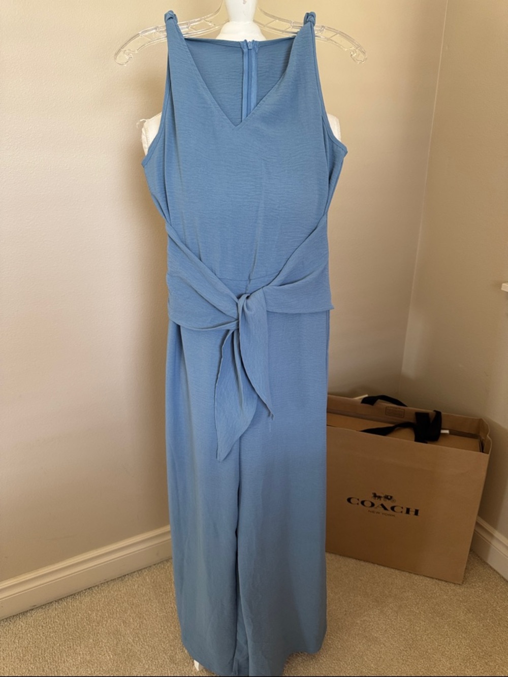 Sky Blue Sleeveless V-Neck Jumpsuit with Waist Tie